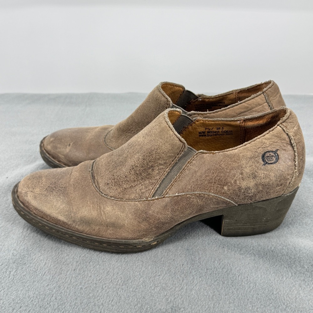 Born Lawren Leather Slip On Booties Womens 7.5 Distressed Brown Ankle Boots